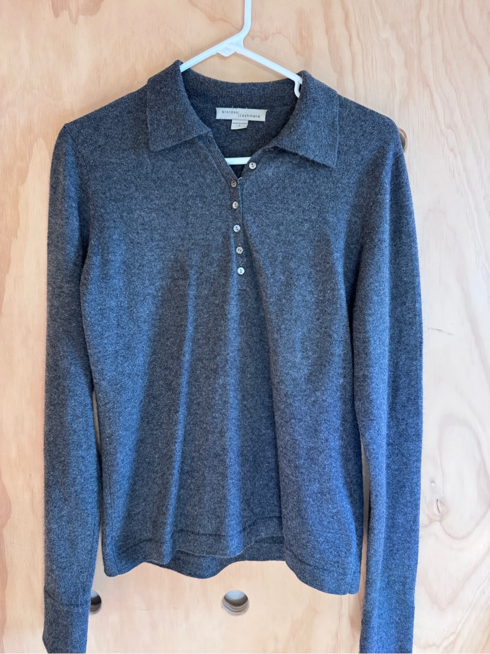 Kinross Cashmere Charcoal V-Neck Button Polo Sweater